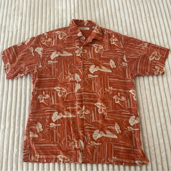 Tommy Bahama Shirt Mens Large Orange Floral Hawiian Silk Hibiscus Beach - Picture 3 of 9